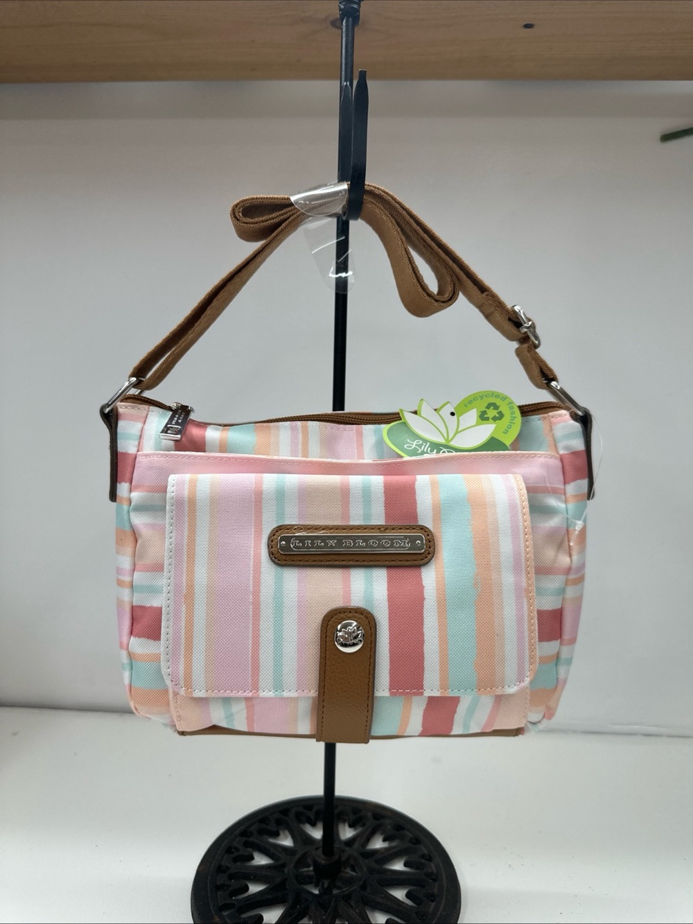Striped Pastel Crossbody Shoulder Bag - Brown Trim-  Lily Bloom